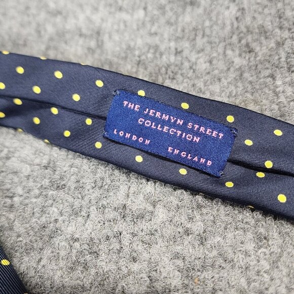 Jermyn Street London Men’s 100% Silk Necktie Yellow Polka Dot Navy Blue - Picture 6 of 8